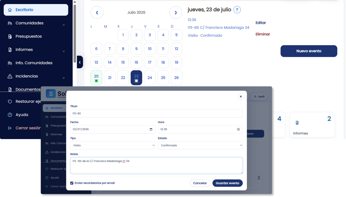 Calendario de eventos y recordatorios para administradores de fincas en Solviun
