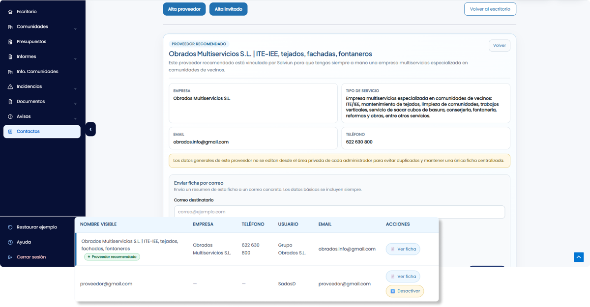 Gestión de proveedores, invitados y contactos relacionados con una comunidad en Solviun